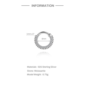 Detailed specs of S925 silver earring with 17 moissanite stones and 8mm inner diameter