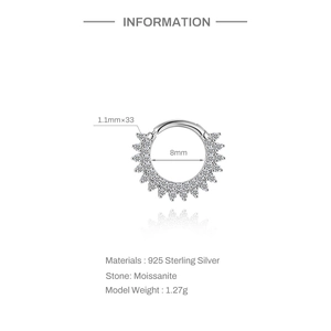 Detail of 925 sterling silver hoop earring with 33 moissanite stones and 8mm inner diameter