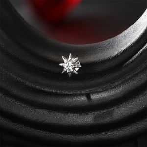 Macro view of S925 silver stud featuring an eight-pointed star and round Moissanite gem