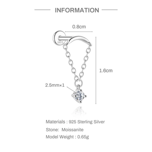 S925 silver ear stud detail with moissanite pendant and curved chain measurements