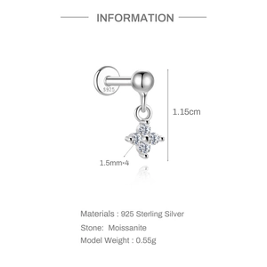 Macro detail of S925 sterling silver flower cartilage stud set with four moissanite stones