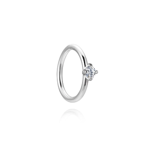 Classic S925 sterling silver hoop with a four-prong set round moissanite on white base