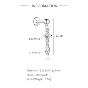 Size chart showing S925 sterling silver moissanite labret earrings specs and dimensions