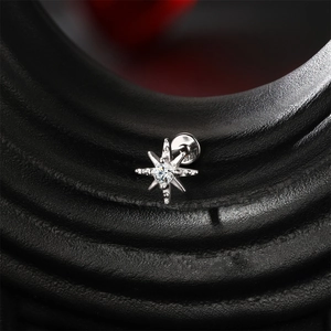 Macro shot of S925 sterling silver star earring with clear zircon and flat back screw