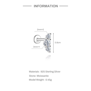 Vista detallada del piercing labret de plata S925 con moissanita y dimensiones