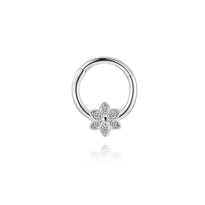 Detail of S925 sterling silver moissanite flower clicker hoop earring with polished finish