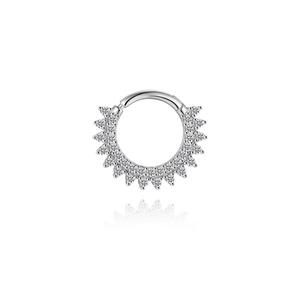 Macro detail of S925 silver septum ring with double rows of pavé pavé-set moissanite