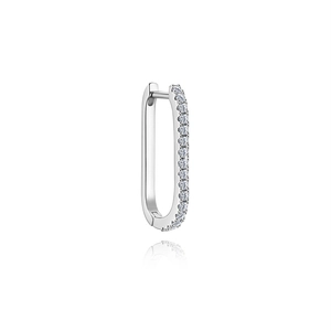 Detail of rectangular S925 silver hoop earrings with a row of inlaid white zircon stones