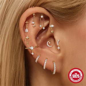 S925 sterling silver star and heart piercing earrings with gold plating and crystals