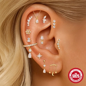 S925 Sterling Silber Gold Mond Stern Quasten-Ohrringe Set mit Zirkonia für Damen
