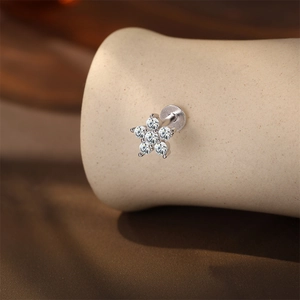 Macro view of S925 sterling silver flower ear stud with six clear moissanite crystals