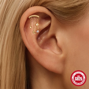 S925 Sterling Silber Mond und Stern Knorpel-Piercing Ohrring mit Quastenketten