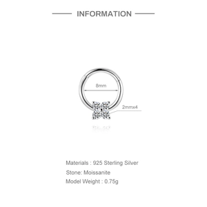 Detailed view of 925 silver earring featuring 8mm diameter and four moissanite stones