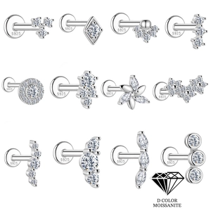 Pendientes de Botón Labret de Plata de Ley 925 Moissanita para Mujer Joyas para Piercing de Cartílago Geométricas Florales