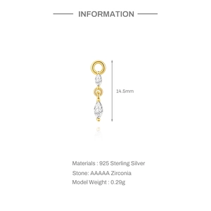 Macro detail of S925 sterling silver earring charm with AAAAA zirconia and dimensions