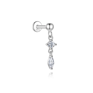 Detailed view of S925 silver stud earring with round and marquise moissanite stones