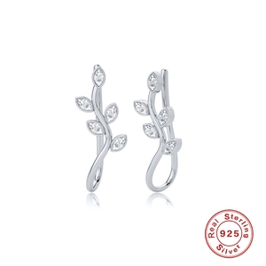 Close-up of S925 sterling silver vine leaf earrings with sparkling marquise-cut zircon stones