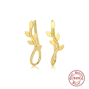 Minimalist S925 sterling silver branch leaf earrings with a polished golden mirror finish