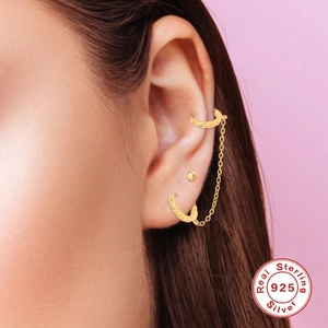 S925 sterling silver chain drop earrings with hollow round cuffs for women on ears