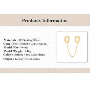 Detailed size chart for S925 silver hoop earrings with tassel chain and zircon