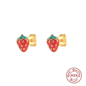 Macro view of S925 sterling silver strawberry earrings with red enamel and hallmarks