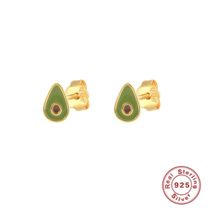 S925 sterling silver avocado stud earrings with green enamel and gold plating finish