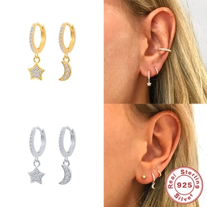 S925 sterling silver star and moon drop hoop earrings with sparkling zircon stones