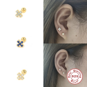 Pendientes de plata S925 en forma de X con circonitas azules y transparentes