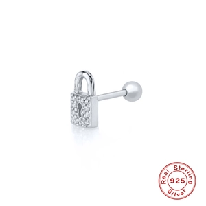 S925 sterling silver padlock stud earring with white zircon inlay and screw back ball