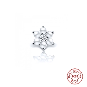 Detail of S925 sterling silver flower earring featuring white pearls and zircon accents