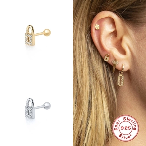 S925 Sterling Silver heart lock stud earrings with micro-inlaid cubic zirconia