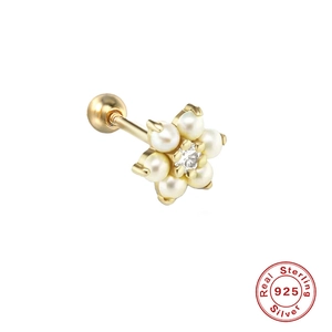 925 Sterling Silver Flower Artificial Pearl Zirconia Ear Cartilage Stud Screw Back Gold Silver Tiny Piercing Earring For Women Jewelry