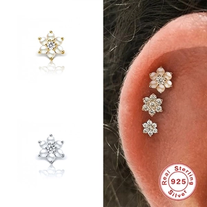 S925 sterling silver flower stud earrings with shimmering zircon and pearls