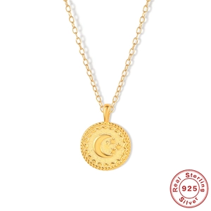 Collier en argent sterling 925 doré avec pendentif motif lune et étoiles