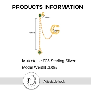 S925 silver gold-plated stud earrings with green crystal star charms and delicate chains