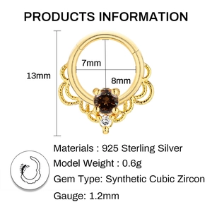 Anneau de septum en argent S925 doré avec zircons et spécifications de taille