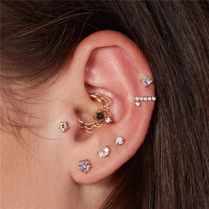 Vue macro de boucles d'oreilles en argent S925 et anneaux d'hélix avec cristaux mauves