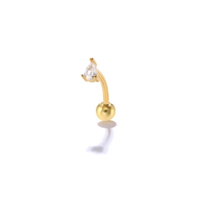 Close-up of golden curved barbell stud with teardrop zircon and screw ball back