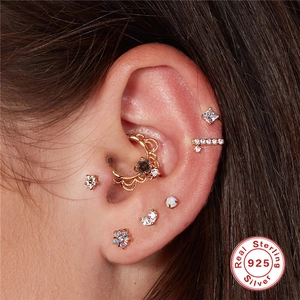 Parure de boucles d'oreilles en argent 925 doré rose avec zircons et bague d'oreille