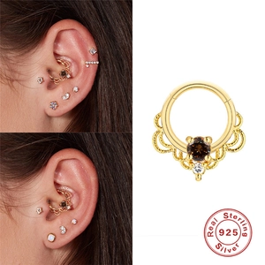 Créoles en argent sterling 925 doré avec motif en dentelle et pierre d'ambre