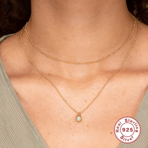 S925 sterling silver double-layer layered gold necklace with round zircon pendant