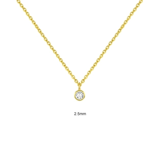 Detail shot of a minimalist 2.5mm solitaire pendant on a sleek gold necklace chain