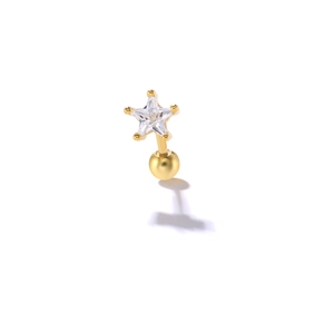 Macro detail of S925 silver gold star stud earring with clear zircon and screw back