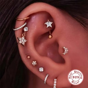 925 sterling silver star and moon stud earrings set with rose gold finish and zircons