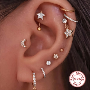 925 Sterling Silver rose gold stud earring set with moon star motifs and zircon accents
