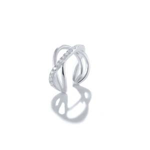 Detailed view of S925 sterling silver crisscross ear cuff with shimmering micro zircons
