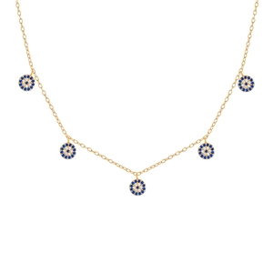 S925 sterling silver bohemian evil eye necklace with five blue eye charms in gold finish
