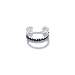 Macro detail of S925 silver double-layer ear cuff featuring black zircon stone inlay