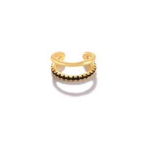 Detailed close-up of a double-layered gold ear cuff with black zircon pavé settings