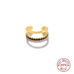 Minimalist double-layer S925 sterling silver ear cuff with black pave zircons